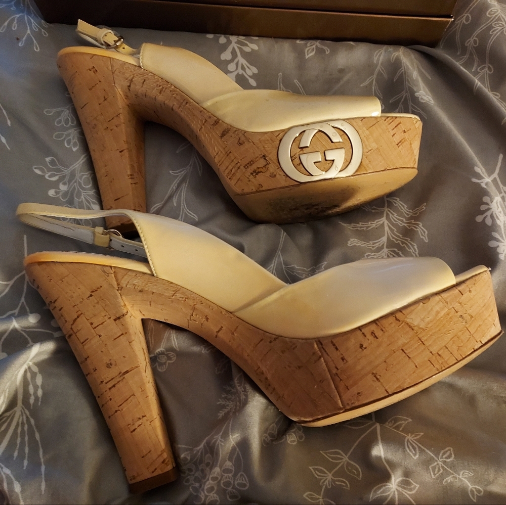 Gucci Beige Cork Wedge Sandals